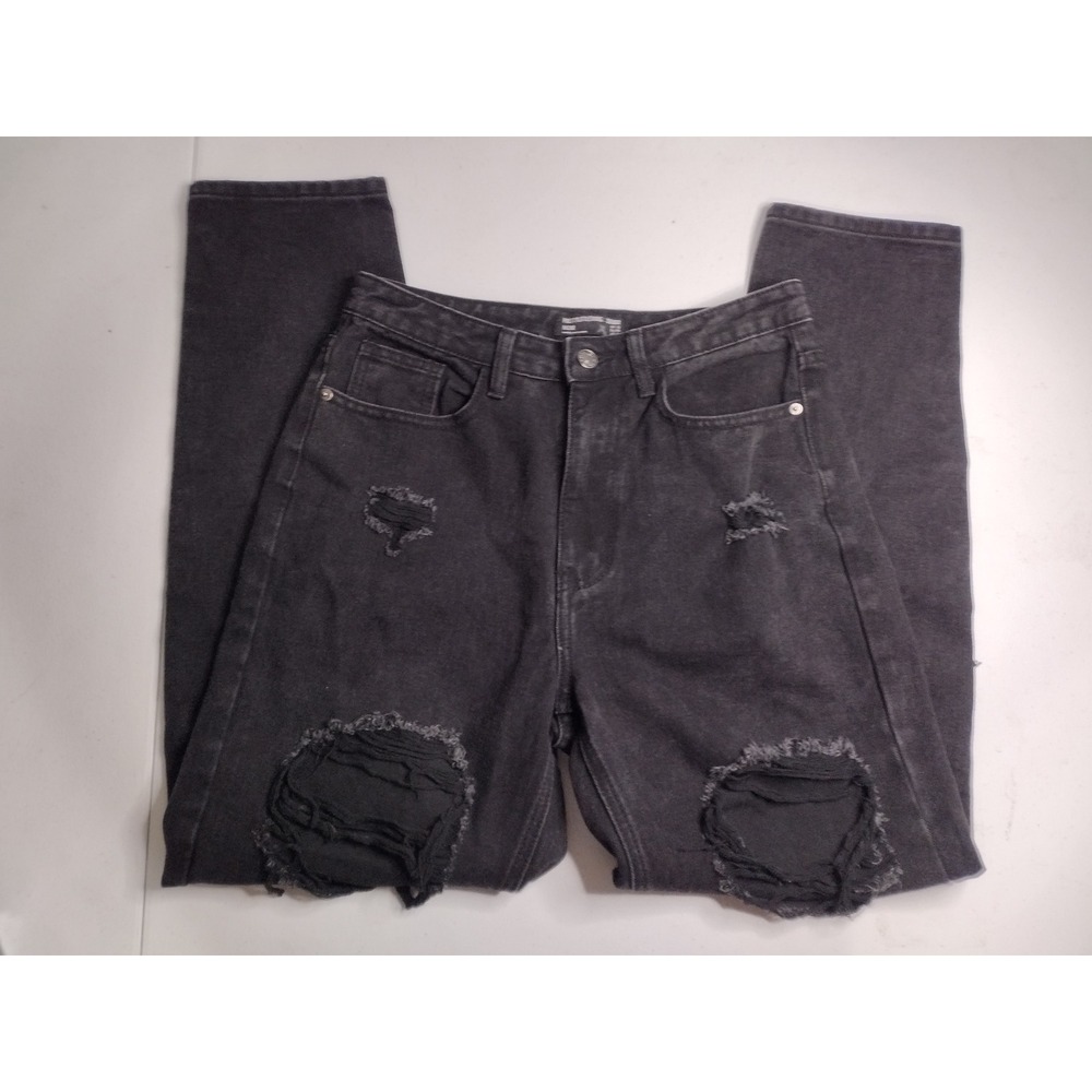 PrettyLittleThing Mom Jeans Black‎ Distressed Ripped Denim Size US 6